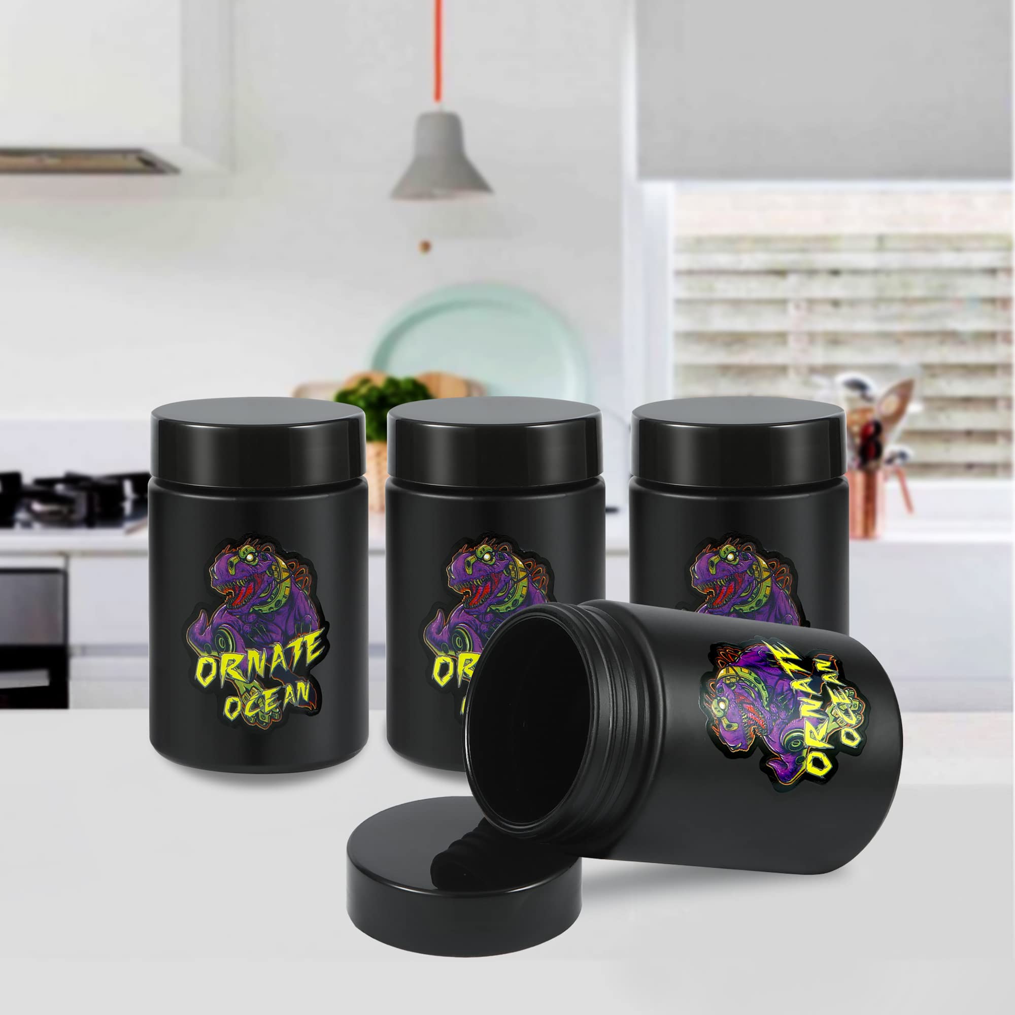 Ornate Ocean 4-Pack 250ml UV Glass Stash Jars - 4 Piece Set Multipurpose Storage Containers - Convenient Airtight Smell Free Screw Top Lid Jars Preserves and Secures Your Herbs (Tyrannosaurus)