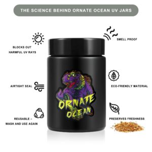 Ornate Ocean 4-Pack 250ml UV Glass Stash Jars - 4 Piece Set Multipurpose Storage Containers - Convenient Airtight Smell Free Screw Top Lid Jars Preserves and Secures Your Herbs (Tyrannosaurus)