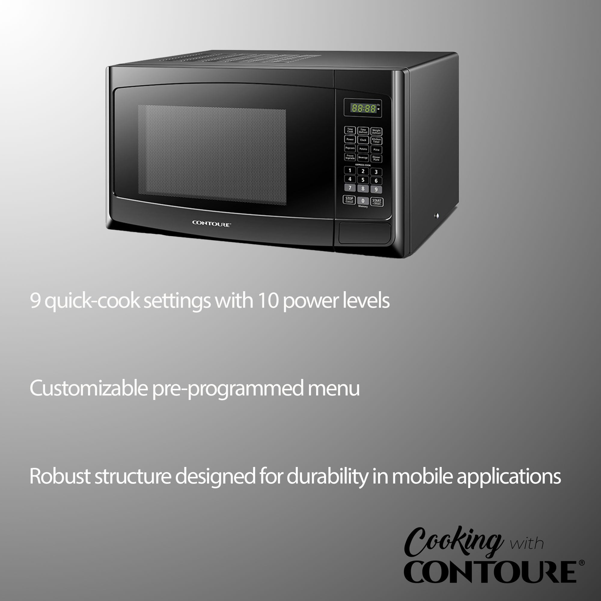 CONTOURE RV Built-In Microwave Oven | Perfect RV Replacement | 900W Power, 10 Power Levels | Easy-Clean Interior | LED Display | Quick-Cook Settings | RV-980B