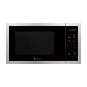 magic chef 900 watts 0.9 cubic feet small countertop microwave oven for compact spaces with 6 pre programmed cooking modes, stainless steel