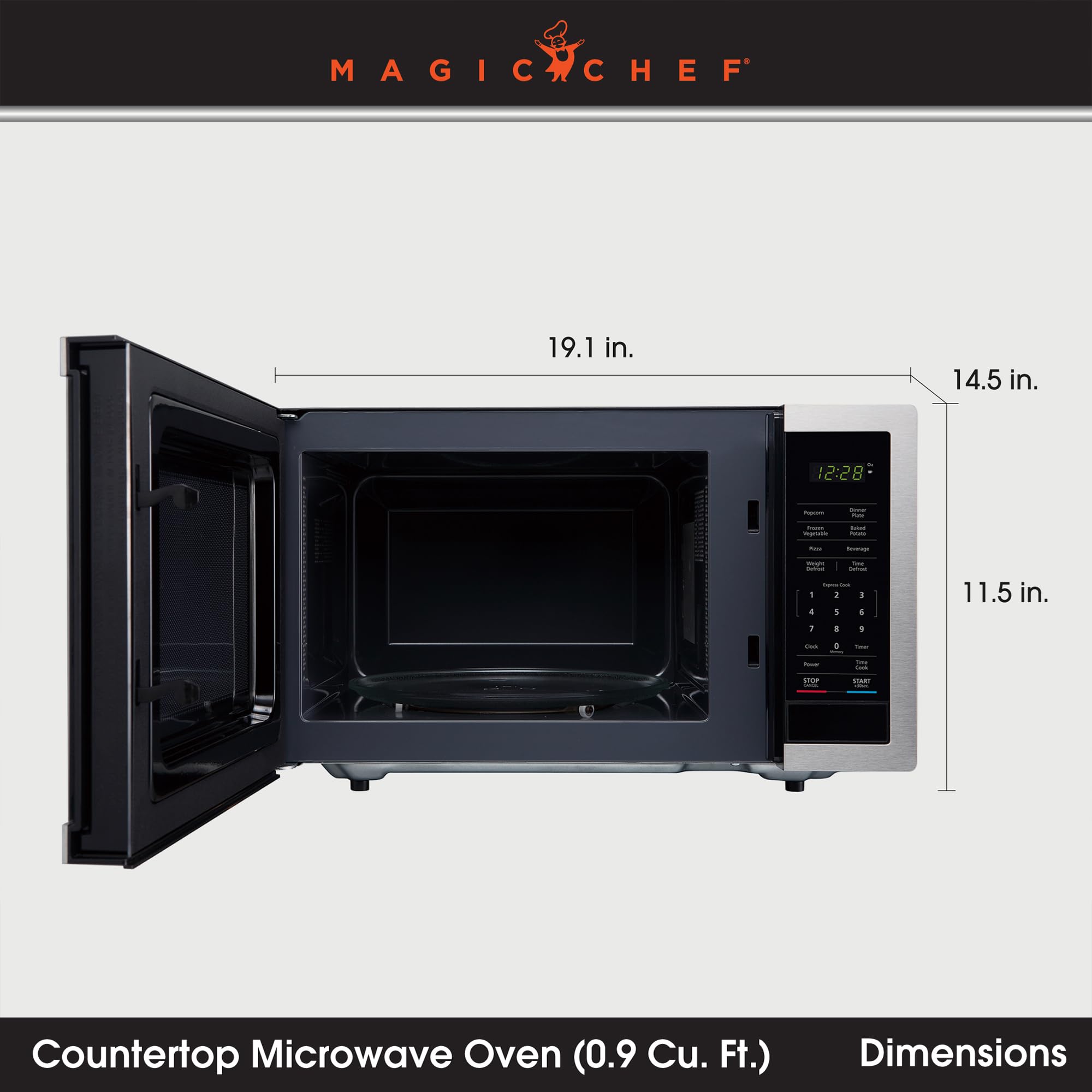 Magic Chef 900 Watts 0.9 Cubic Feet Small Countertop Microwave Oven for Compact Spaces with 6 Pre Programmed Cooking Modes, Stainless Steel