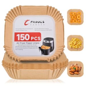 pabues air fryer paper liners 6.3inch, 150pcs non-stick parchment paper,oil resistant,disposable food grade free of bleach paper square for 2-5 qt air fryer baking roasting microwave