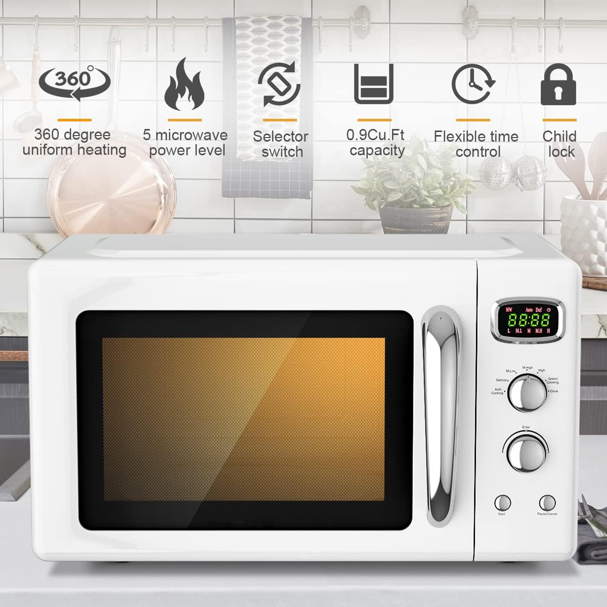 MAT EXPERT 0.9 Cu.ft Compact Microwave Oven, Digital Timing & 5 Micro Power, 25L Small Microwave w/Glass Turntable & 6 Preset Buttons, Delayed Start Function, 900W Mini Microwave w/Child Lock (White)