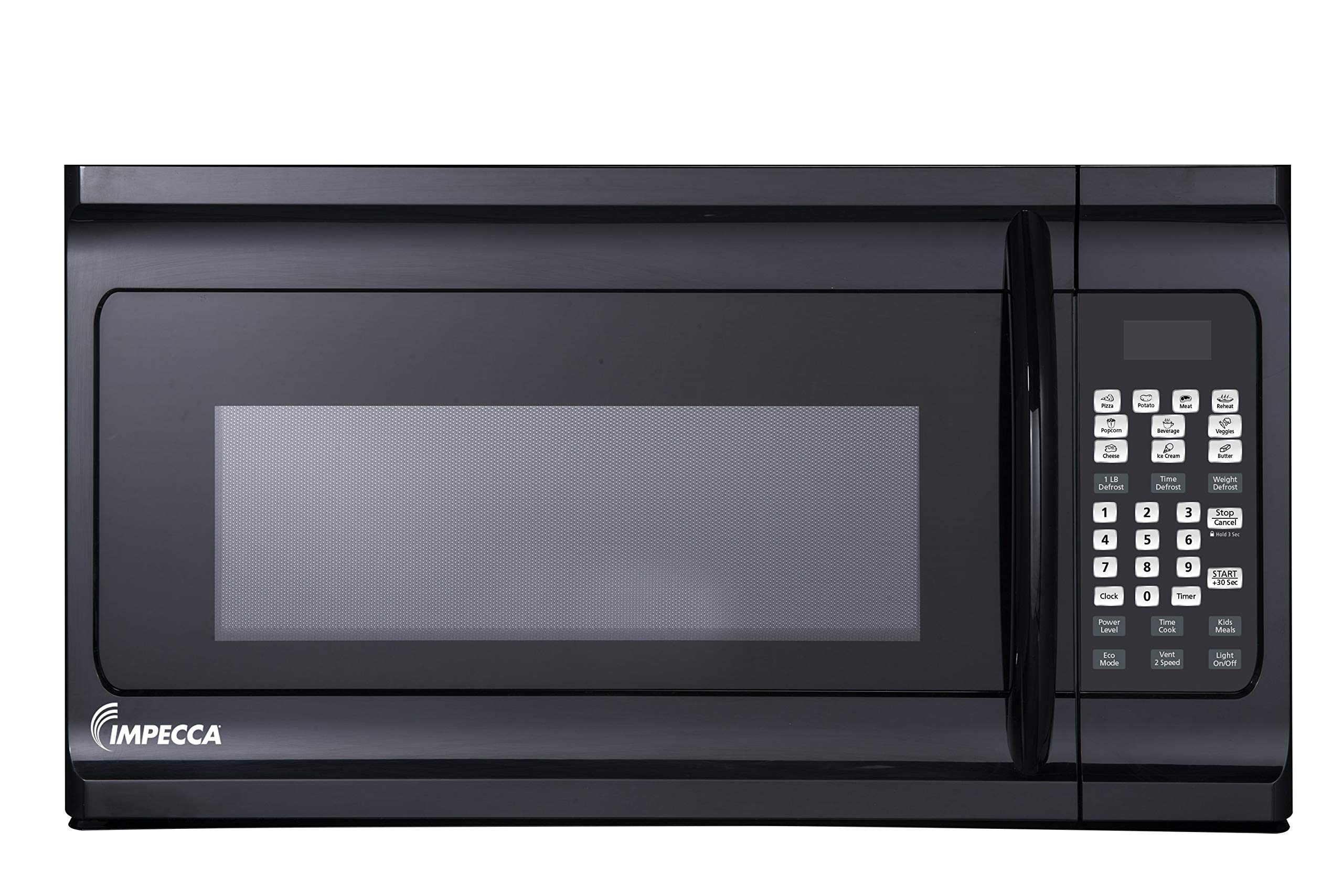 Impecca OM-1600K 1.6 cu. ft. Over-the-Range 30” Microwave Oven 1000 Watts, with Surface Light, 2 Speed Vent System, Touch-pad Controls, Digital Clock, Timer, LED Display and Child Lock, Black