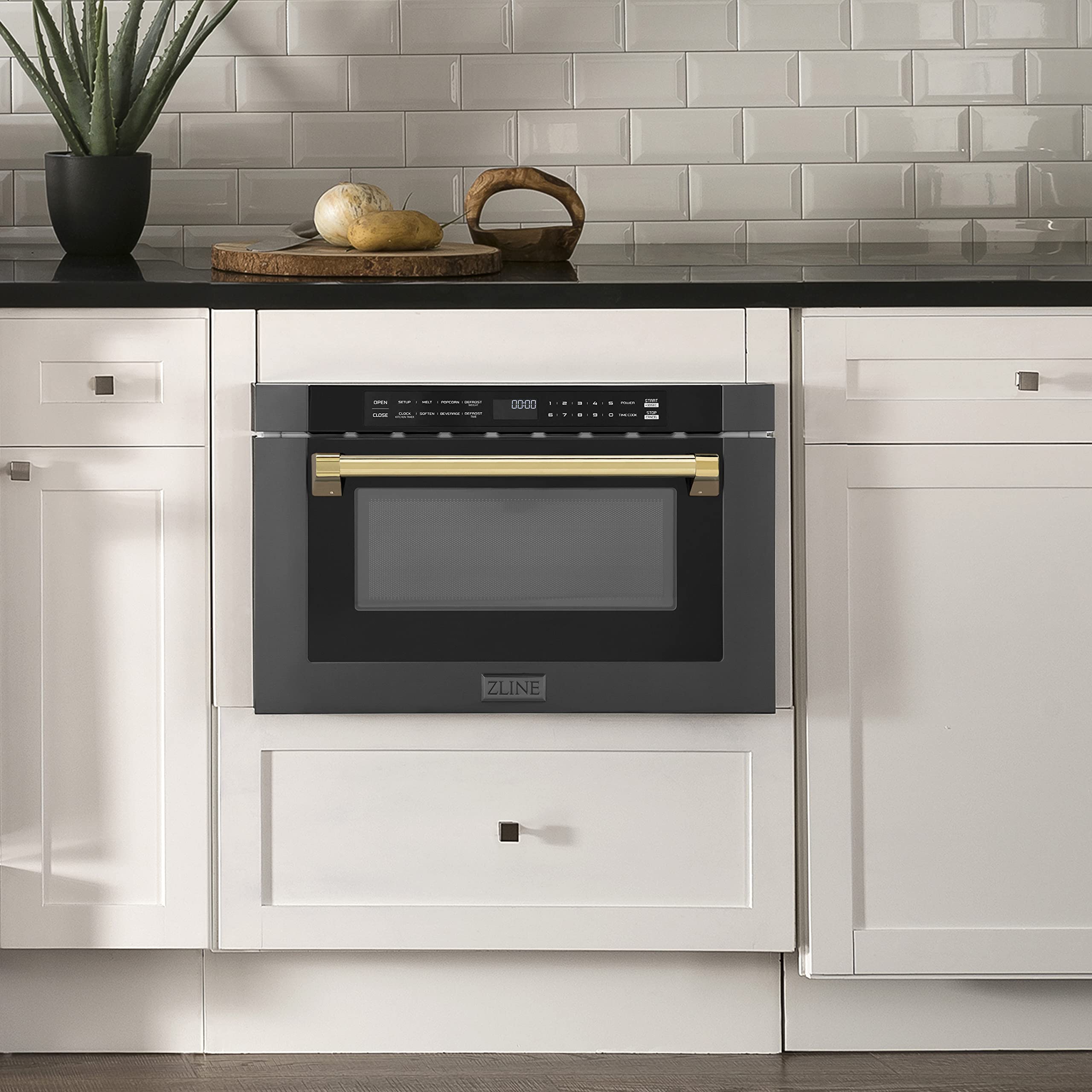 ZLINE Autograph Edition 30" 1.2 cu. ft. Built-in Microwave Drawer in Black Stainless Steel and Gold Accents