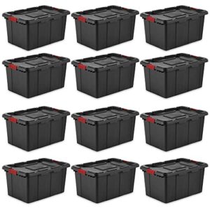 Sterilite 15 Gal Industrial Tote, Stackable Storage Bin with Latching Lid, Plastic Container with Heavy Duty Latches, Black Base and Lid, 12-Pack