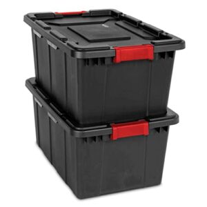 Sterilite 15 Gal Industrial Tote, Stackable Storage Bin with Latching Lid, Plastic Container with Heavy Duty Latches, Black Base and Lid, 12-Pack