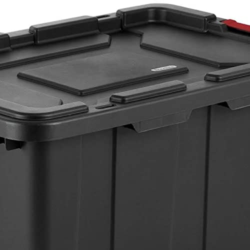 Sterilite 15 Gal Industrial Tote, Stackable Storage Bin with Latching Lid, Plastic Container with Heavy Duty Latches, Black Base and Lid, 12-Pack