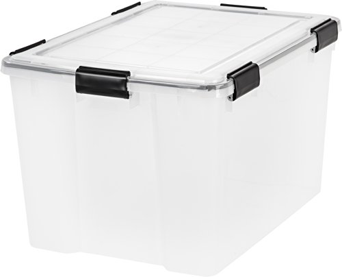 IRIS USA 74 Quart WEATHERPRO Plastic Storage Box with Durable Lid and Seal and Secure Latching Buckles, Weathertight, Clear with Black Buckles, 1 Pack