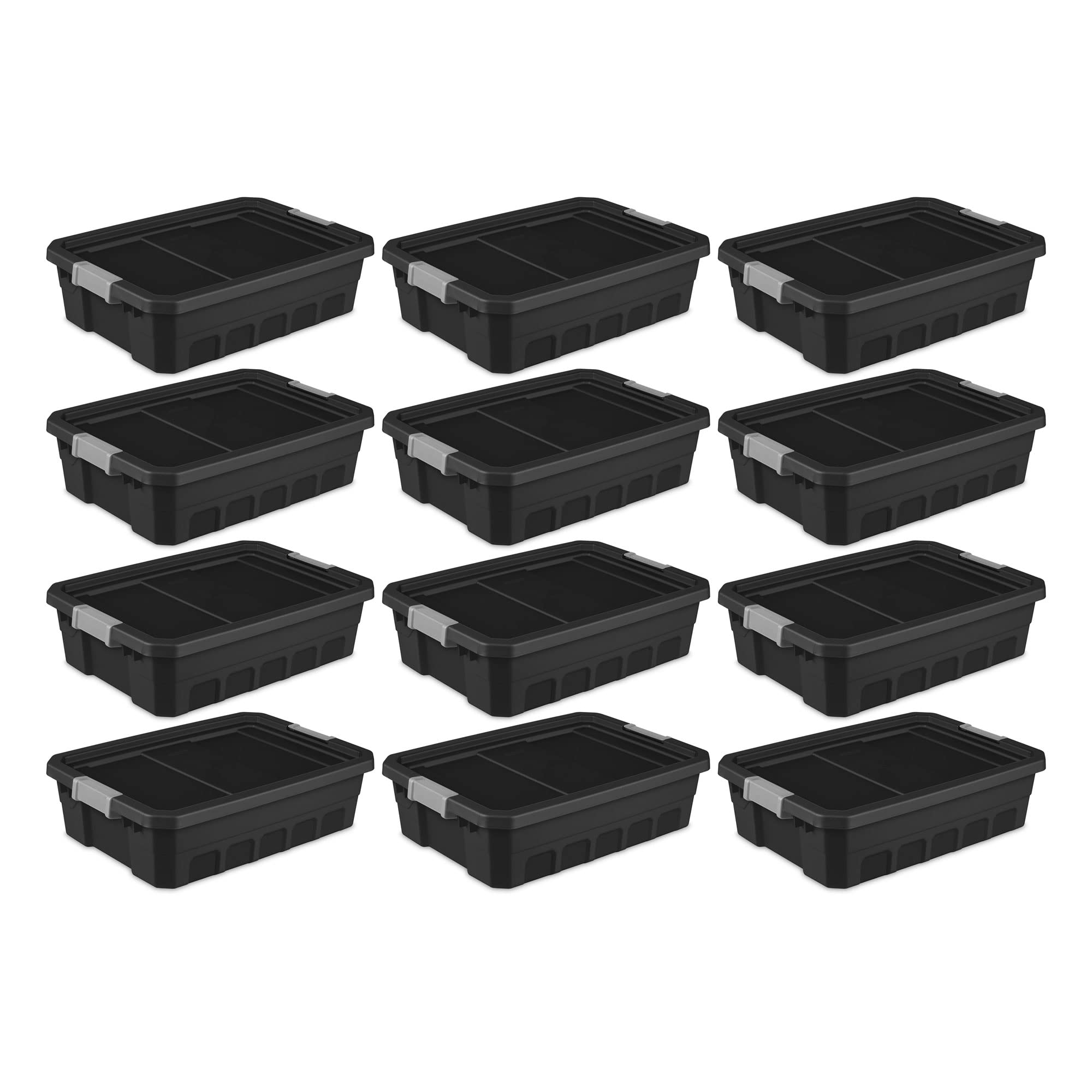 Sterilite 10 Gallon Plastic Stacker Tote, Heavy Duty Lidded Storage Bin Container for Stackable Garage and Basement Organization, Black, 12-Pack