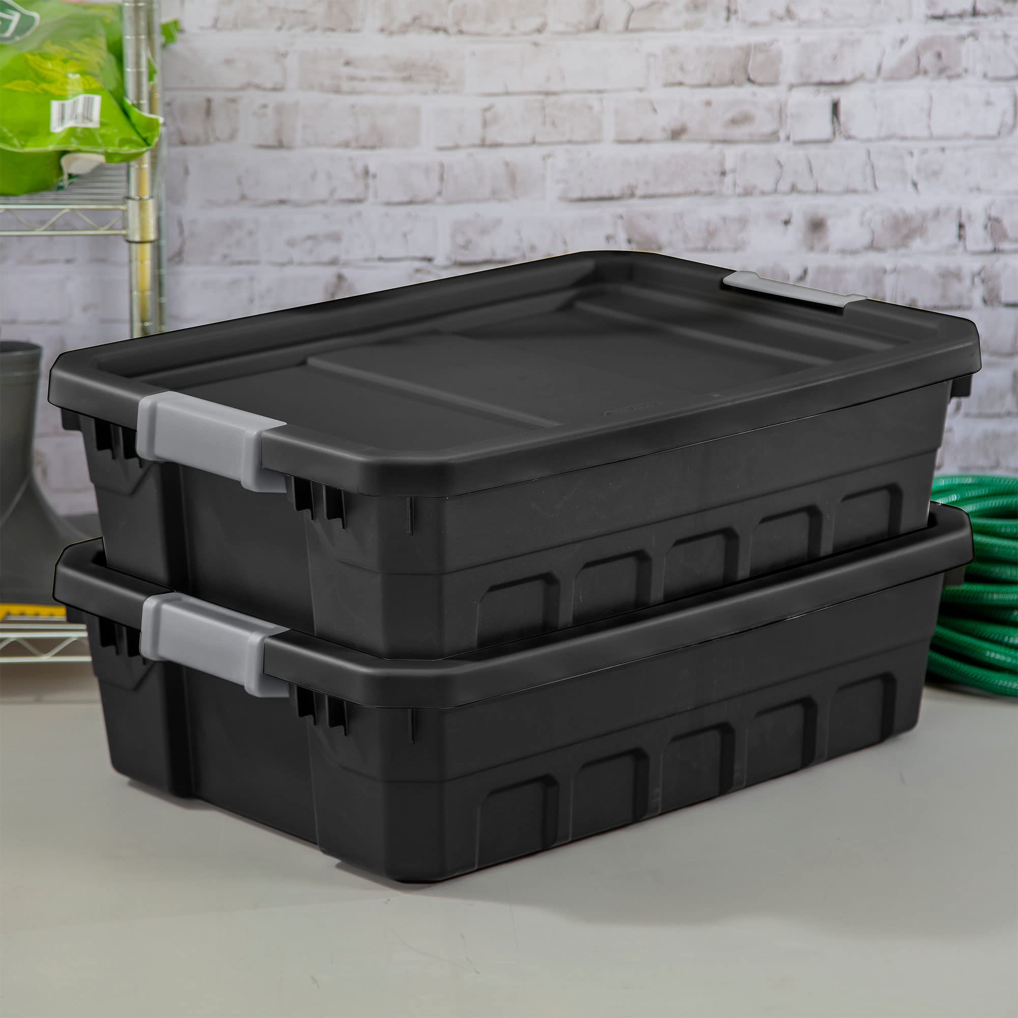 Sterilite 10 Gallon Plastic Stacker Tote, Heavy Duty Lidded Storage Bin Container for Stackable Garage and Basement Organization, Black, 12-Pack