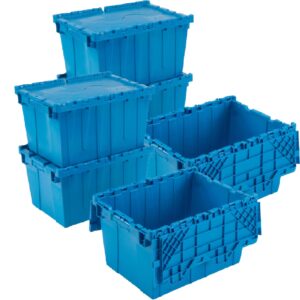 12 gallon heavy-duty flip tote storage container (pack of 6) - blue, commercial flip top tote, industrial plastic storage tote - 21 in. l x 15 in. w x 12in. h, padlock & metal hinged flip cover