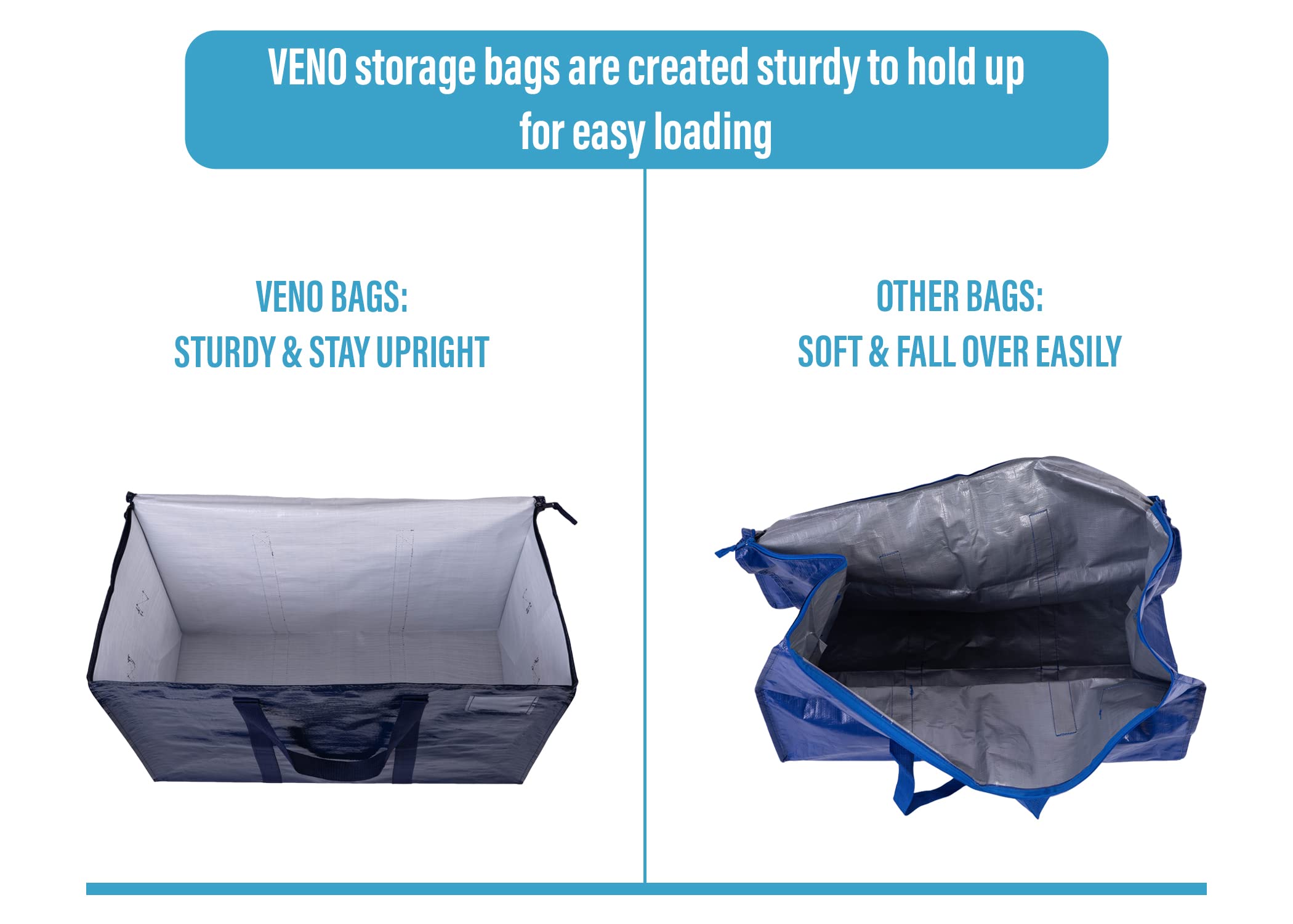 VENO 4 Pack Moving Bags, Moving Supplies, Moving Boxes, College Packing Storage Boxes with Lids Alternative, Heavy Duty Totes, Extra Large, Sturdy Handles, Zipper, for Packaging (Blue, 4 Pack)