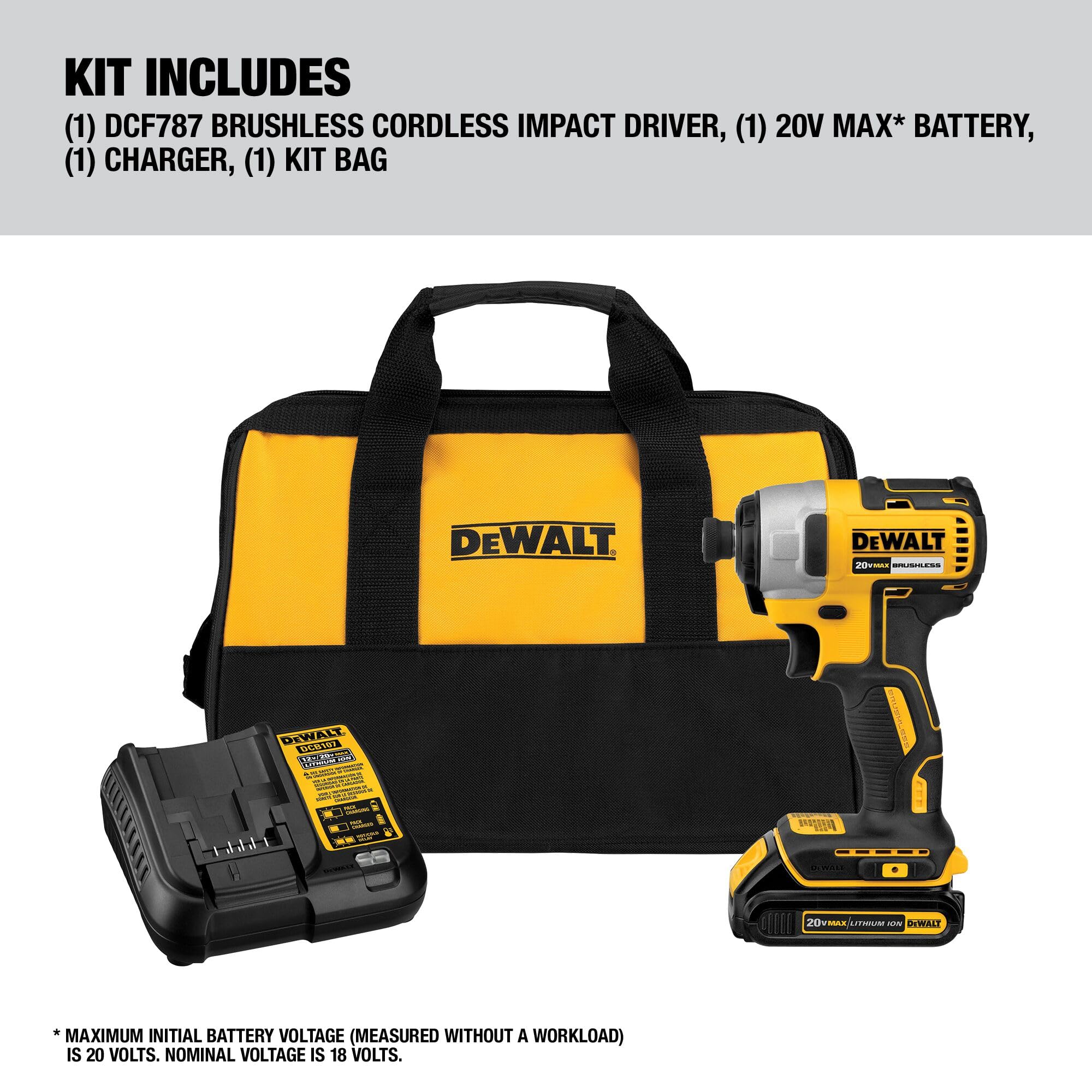 DEWALT 20V MAX Impact Driver, 1/4 Inch, Battery and Charger Included (DCF787D1)