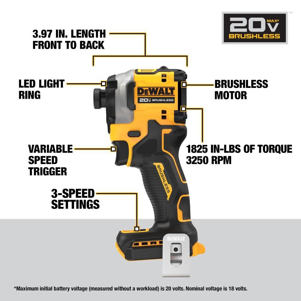 DEWALT ATOMIC 20V MAX* 1/4 in. Brushless Cordless 3-Speed Impact Driver one-pack Bare Tool (1pack ATOMIC 20V MAX Brushless 1/4 in. 3Speed Drive)