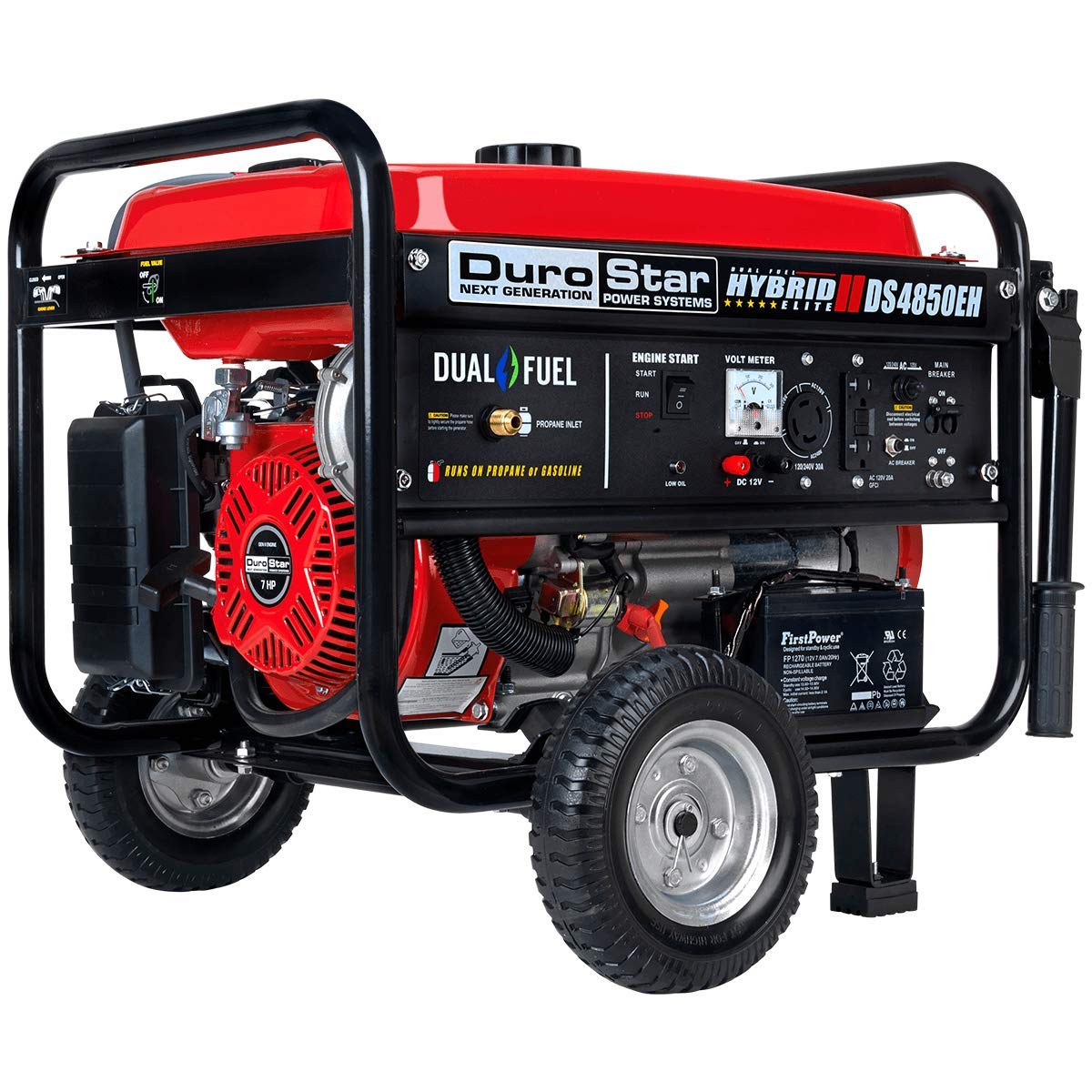 DuroStar DS4850EH Dual Fuel Portable Generator-4850 Watt Gas or Propane Powered Electric Start-Camping & RV Ready, 50 State Approved, Red/Black