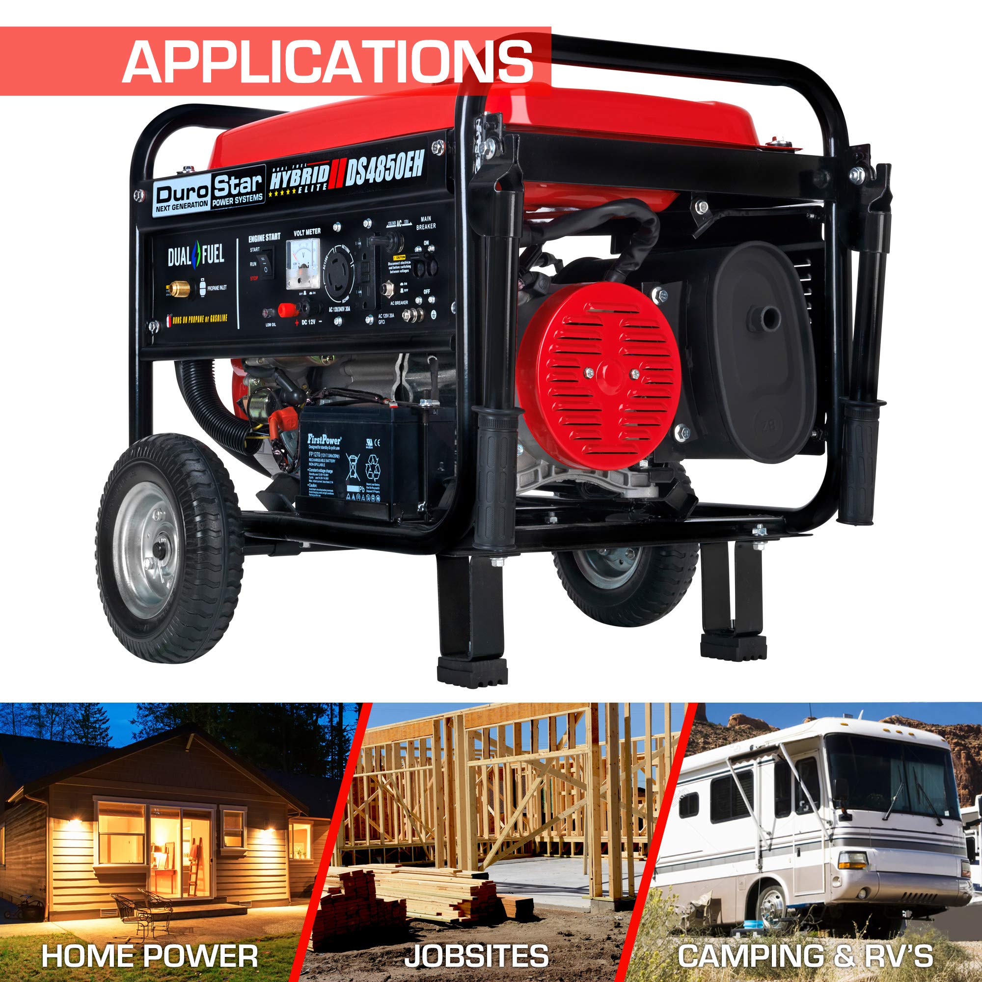 DuroStar DS4850EH Dual Fuel Portable Generator-4850 Watt Gas or Propane Powered Electric Start-Camping & RV Ready, 50 State Approved, Red/Black