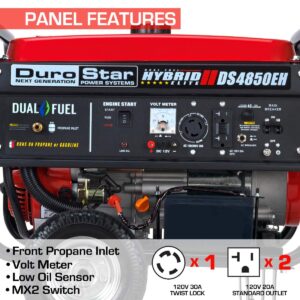 DuroStar DS4850EH Dual Fuel Portable Generator-4850 Watt Gas or Propane Powered Electric Start-Camping & RV Ready, 50 State Approved, Red/Black