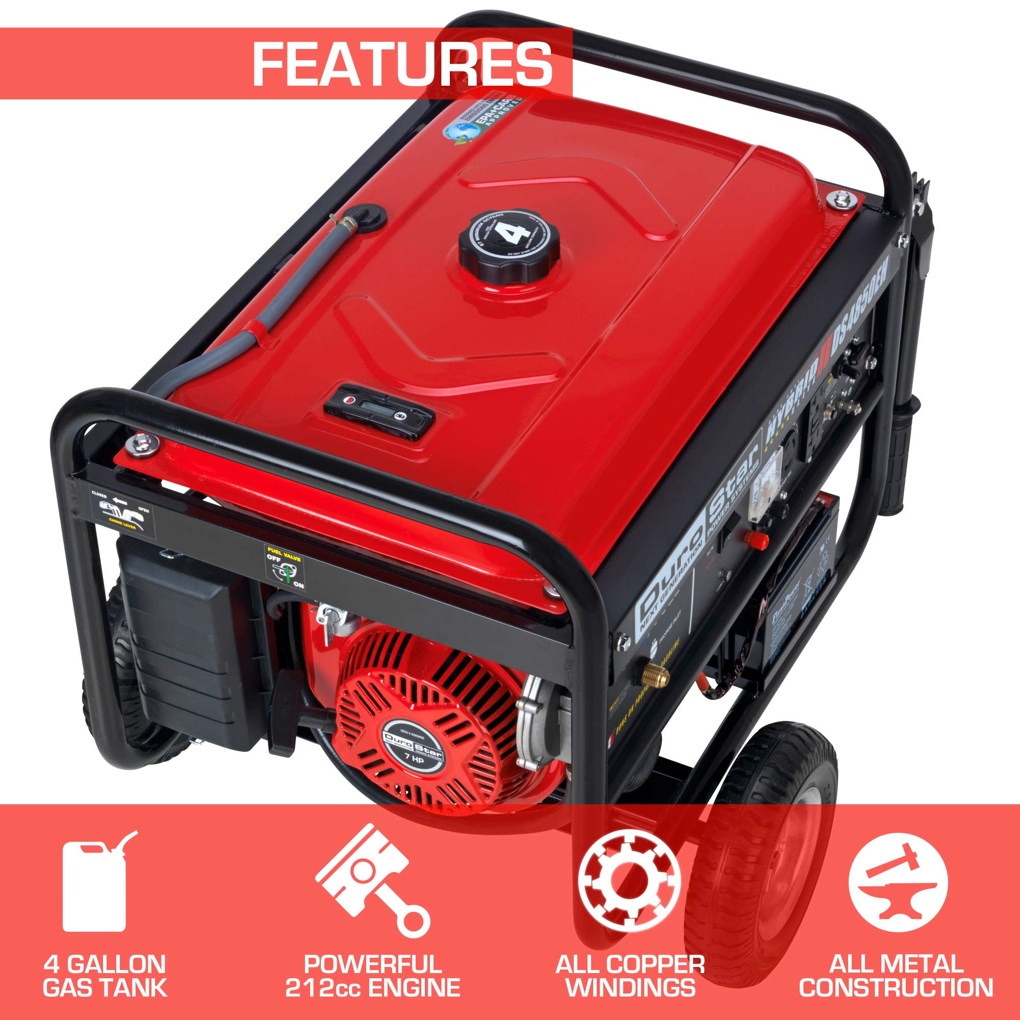 DuroStar DS4850EH Dual Fuel Portable Generator-4850 Watt Gas or Propane Powered Electric Start-Camping & RV Ready, 50 State Approved, Red/Black