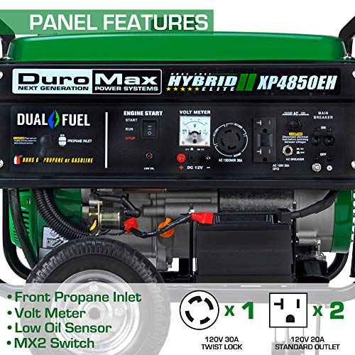 DuroMax XP4850EH Generator-4850 Watt Gas or Propane Powered-Electric Start-Camping & RV Ready, 50 State Approved Dual Fuel Portable Generator, Green