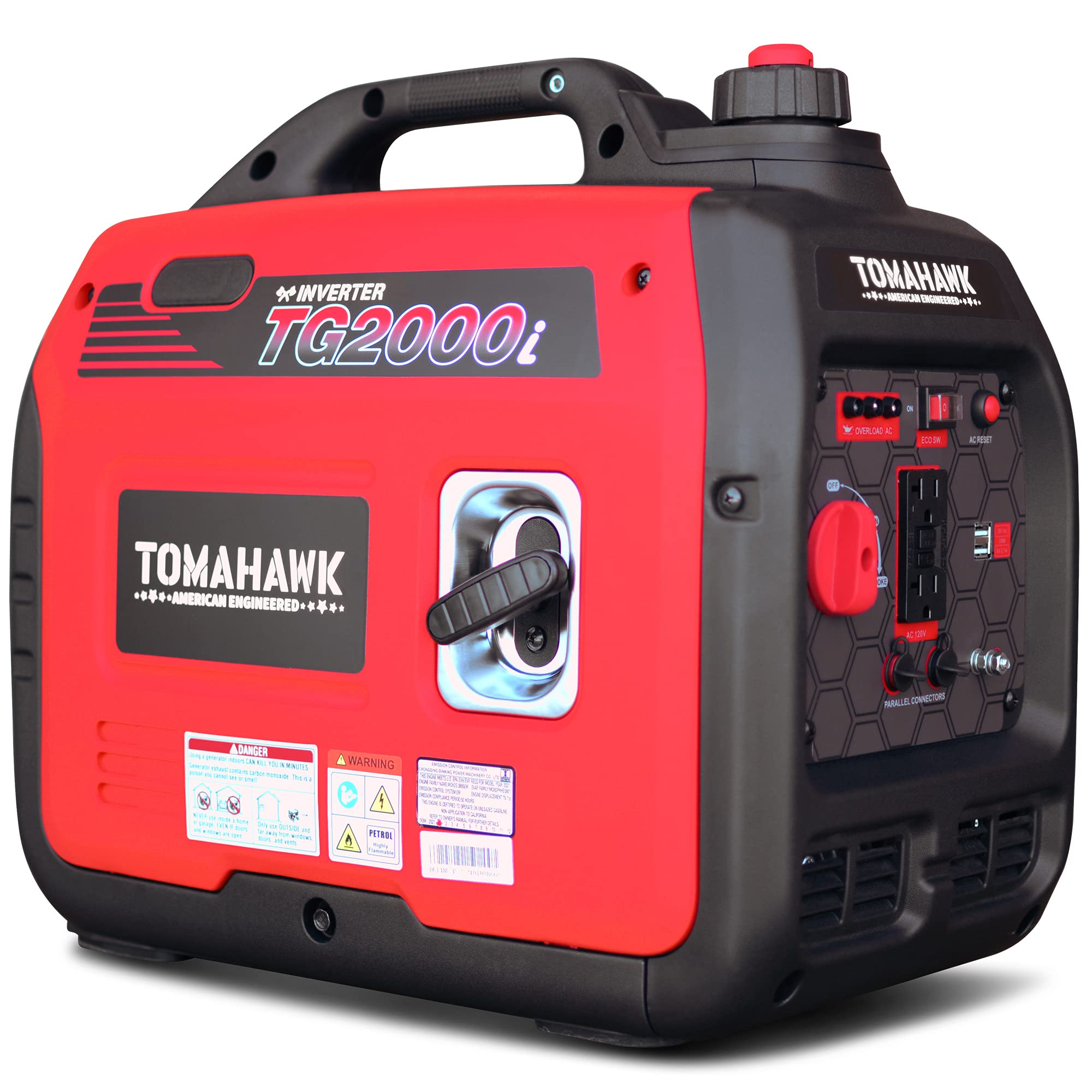 TOMAHAWK 2000 Watt Inverter Generator Super Quiet Portable Power For Residential Home Use 120V and USB Outlet Panel