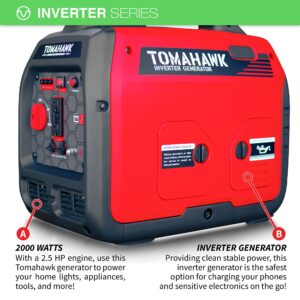 TOMAHAWK 2000 Watt Inverter Generator Super Quiet Portable Power For Residential Home Use 120V and USB Outlet Panel