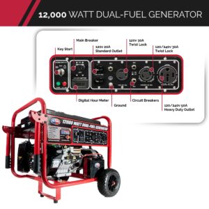 All Power APGG12000-12,000-Watt Dual Fuel Generator Gasoline Propane JD Engine Electric Start Portable Wheel Kit