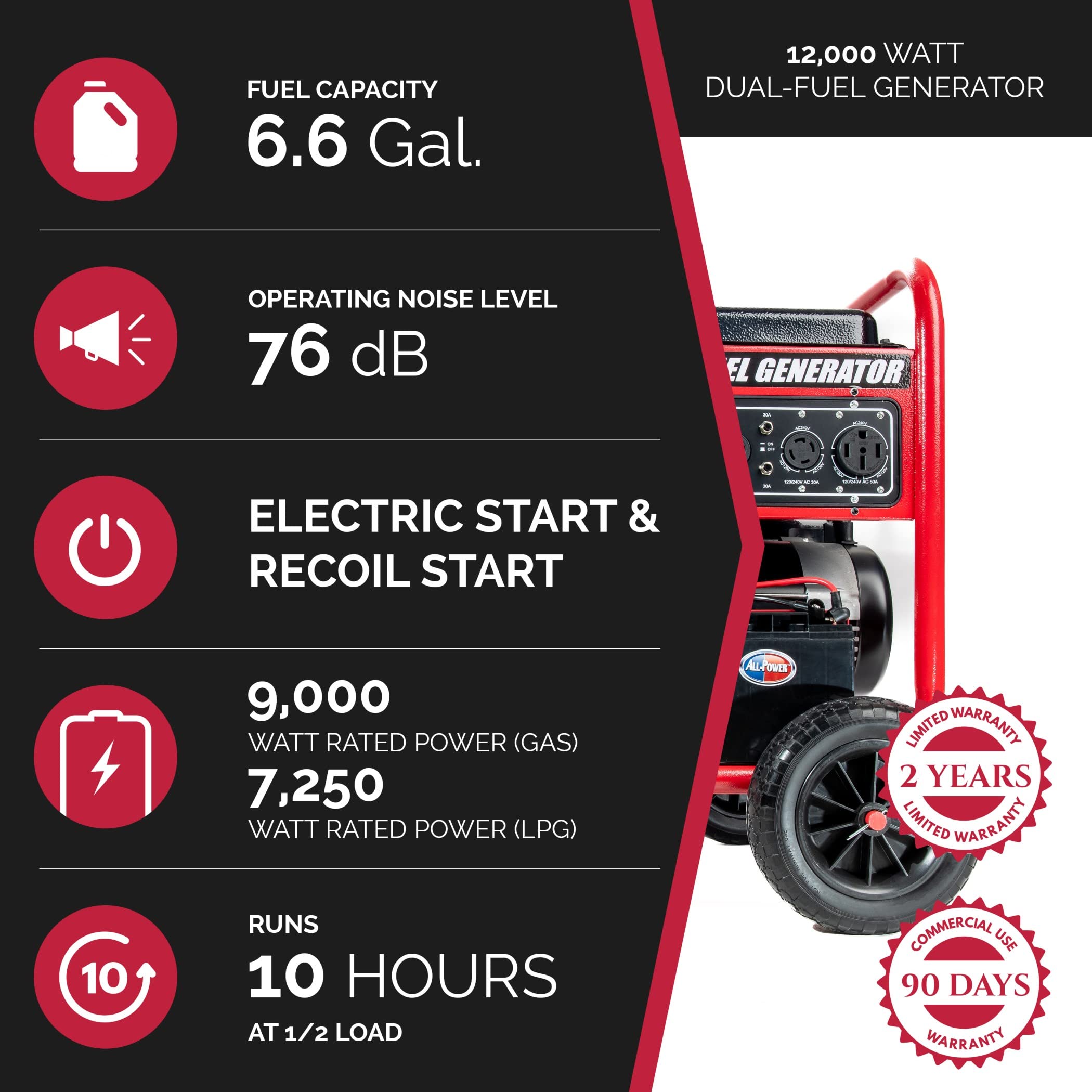 All Power APGG12000-12,000-Watt Dual Fuel Generator Gasoline Propane JD Engine Electric Start Portable Wheel Kit