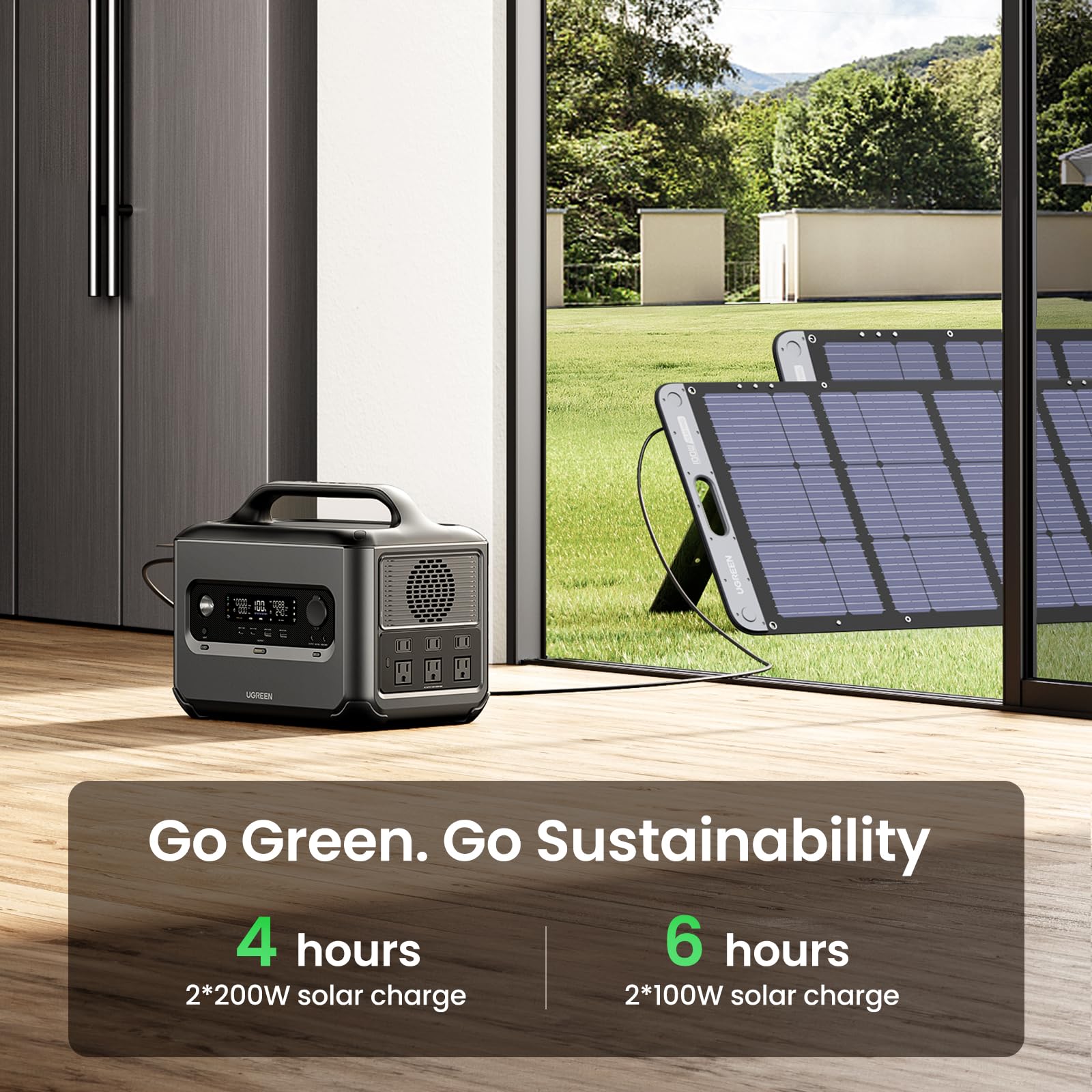 UGREEN Solar Generator PowerRoam 1200 Portable Power Station with 2 x 100W Solar Panels, LiFePO4 Batteries, 1024Wh Capacity, 100W USB-C Output, Suitable for Outdoor Camping, Home Emergency, RVs