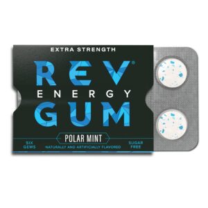 rev gum caffeine energy gum | extra strength 100mg of caffeine per gem | polar mint sugar free caffeine gum - low calorie chews to help you stay alert, awake and focused - mint chewing gum - 12 packs