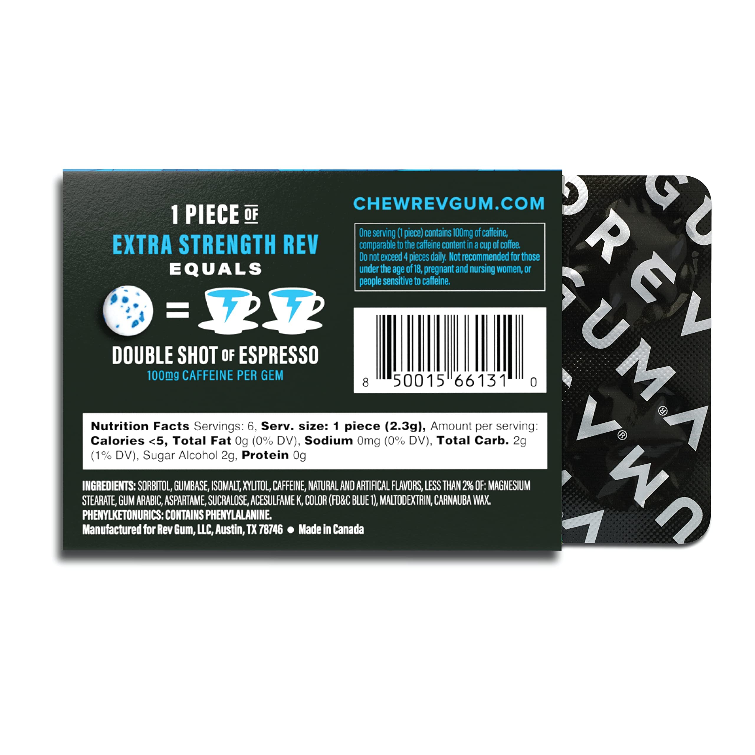 Rev Gum Caffeine Energy Gum | Extra Strength 100mg of Caffeine per Gem | Polar Mint Sugar Free Caffeine Gum - Low Calorie Chews to Help You Stay Alert, Awake and Focused - Mint Chewing Gum - 12 Packs