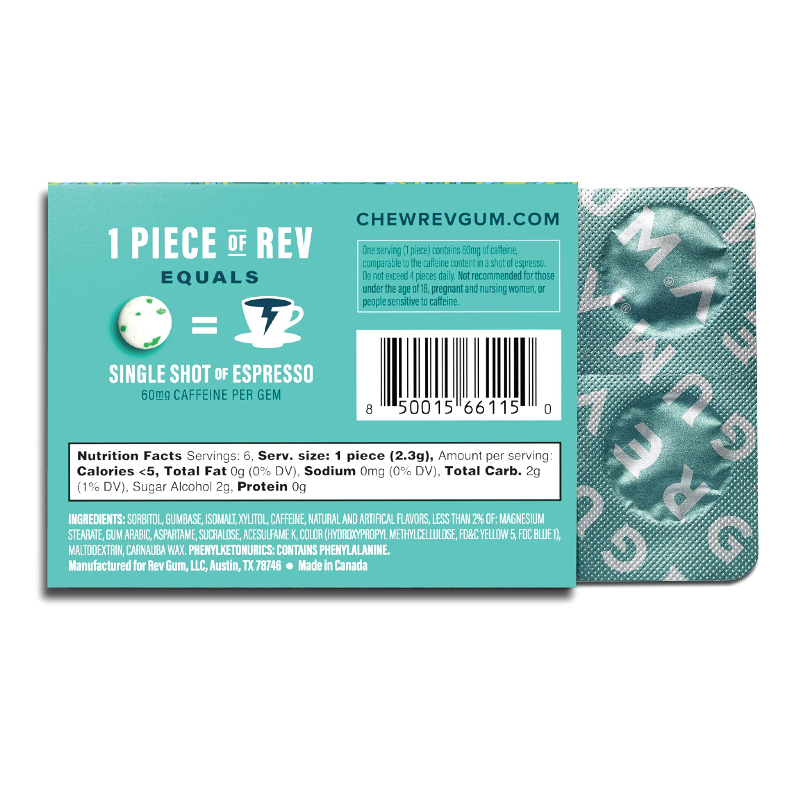 Rev Gum Caffeine Energy Gum | Performance Energy 60mg of Caffeine per Gem | Spearmint Sugar Free Caffeinated Mint Chewing Gum - Low Calorie Chews to Help You Stay Alert, Awake and Focused - 12 Packs (72 Count)