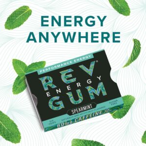 Rev Gum Caffeine Energy Gum | Performance Energy 60mg of Caffeine per Gem | Spearmint Sugar Free Caffeinated Mint Chewing Gum - Low Calorie Chews to Help You Stay Alert, Awake and Focused - 12 Packs (72 Count)