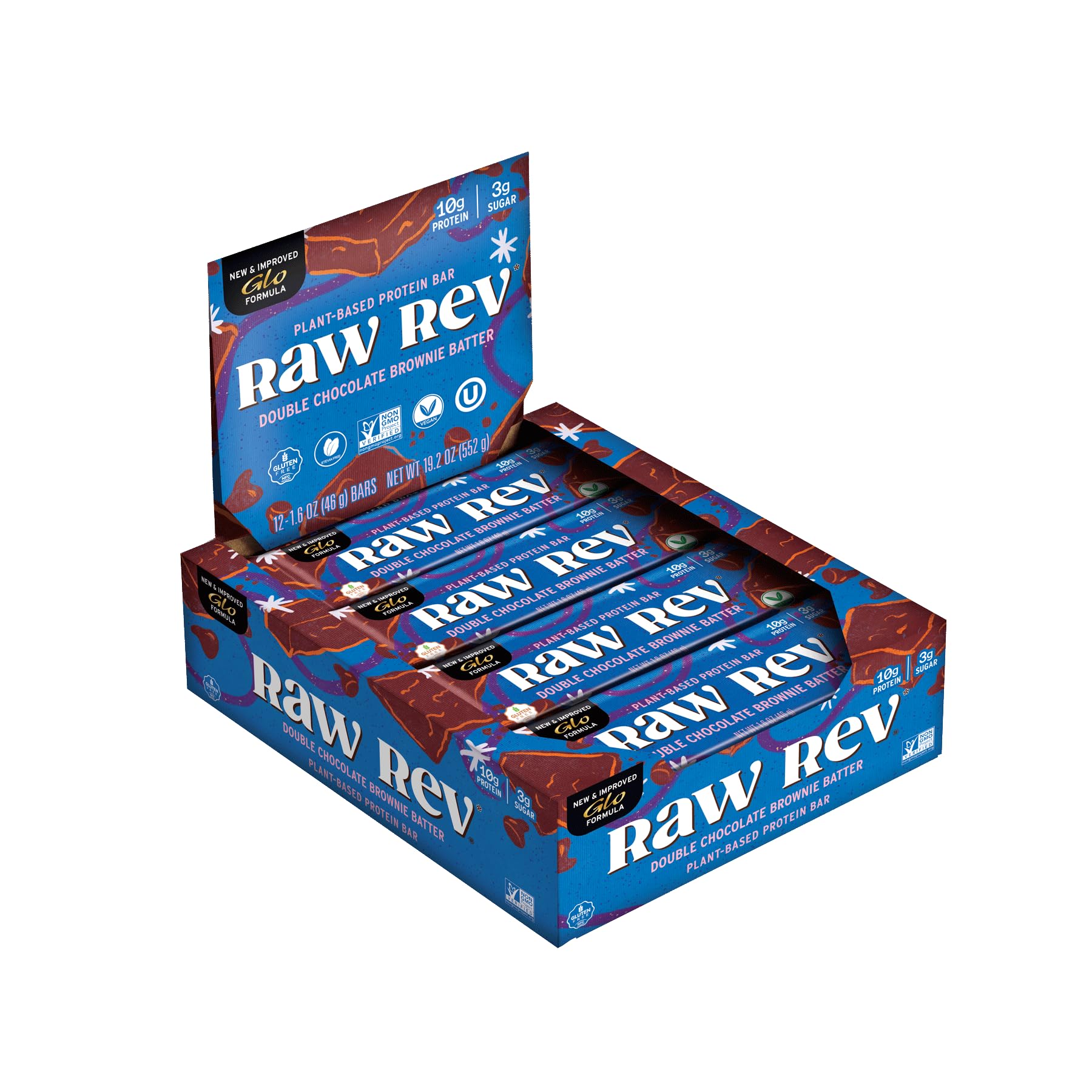 Raw Rev Vegan High-Protein Bars, Double Chocolate Brownie Batter, 10g Plant Protein, 12g Fiber, Non-GMO, 1.6 Oz, 12 Count (Pack of 1)