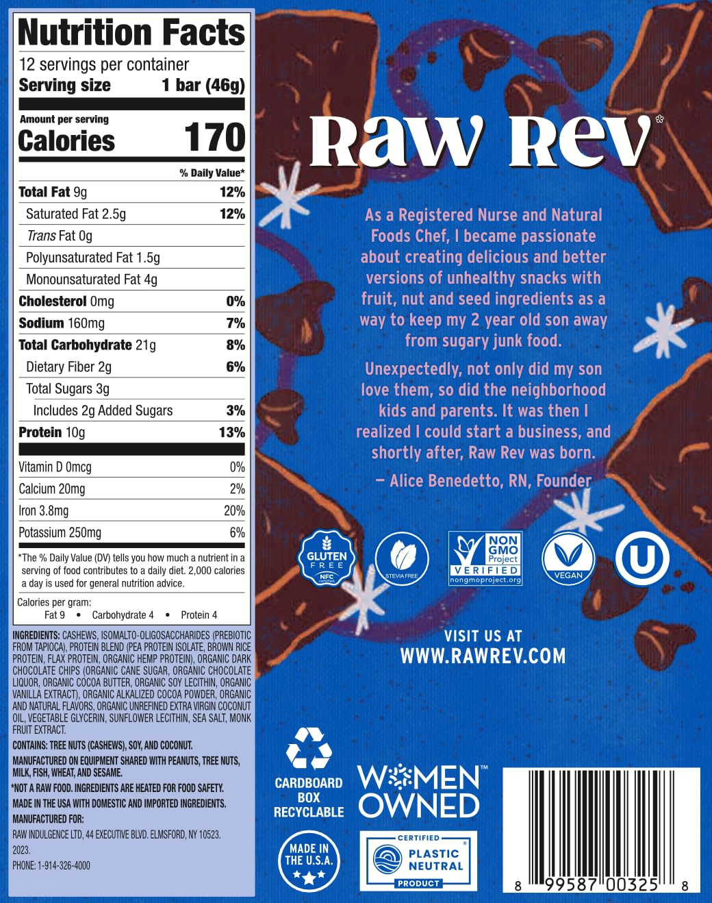 Raw Rev Vegan High-Protein Bars, Double Chocolate Brownie Batter, 10g Plant Protein, 12g Fiber, Non-GMO, 1.6 Oz, 12 Count (Pack of 1)