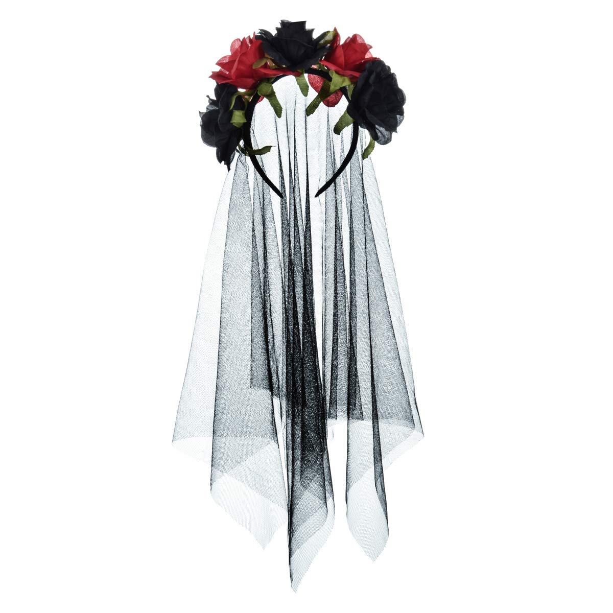 Funsveta Halloween Rose Flower Headband Day of The Dead Flower Headpiece with Black Veil Costume Cosplay (Black and Red)