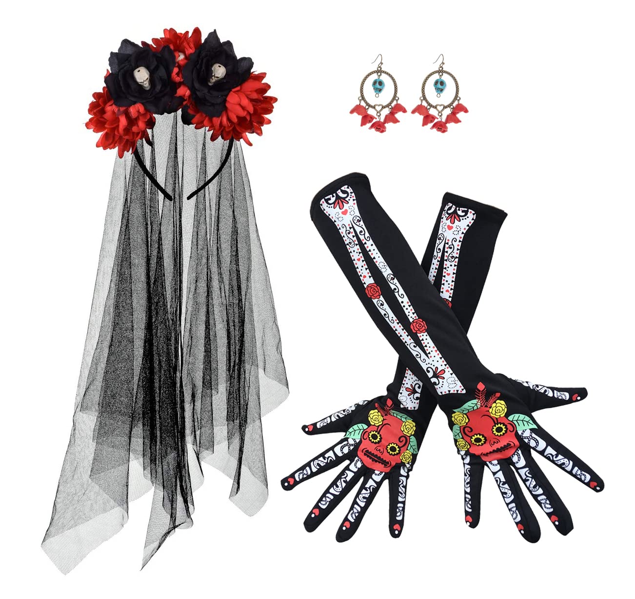 DreamLily Day of the dead Headpiece Red Rose skull Flower Crown Costume NC24 (Headband golves and earrings)