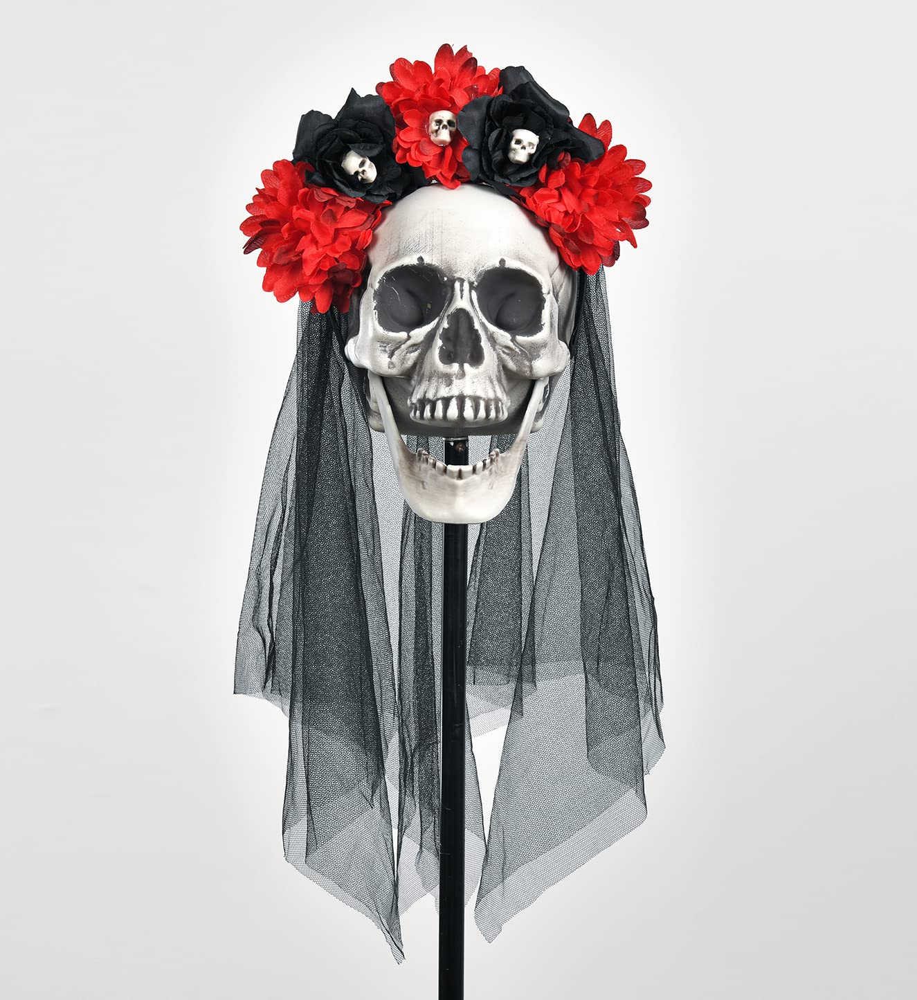 DreamLily Day of the dead Headpiece Red Rose skull Flower Crown Costume NC24 (Headband golves and earrings)