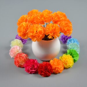 Hananona 50 Pcs Marigold Flower Heads Bulk, Colorful Silk Marigold with Stems DIY Marigold Garland Artificial Day of The Dead Decoration Dia De Los Muertos Halloween Decor Diwali Garland