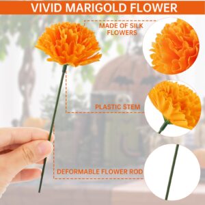 Hananona 50 Pcs Marigold Flower Heads Bulk, Colorful Silk Marigold with Stems DIY Marigold Garland Artificial Day of The Dead Decoration Dia De Los Muertos Halloween Decor Diwali Garland