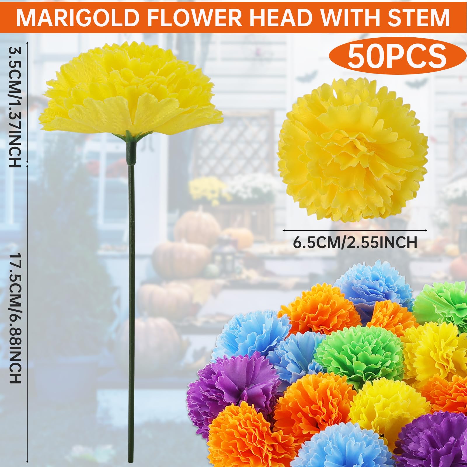 Hananona 50 Pcs Marigold Flower Heads Bulk, Colorful Silk Marigold with Stems DIY Marigold Garland Artificial Day of The Dead Decoration Dia De Los Muertos Halloween Decor Diwali Garland