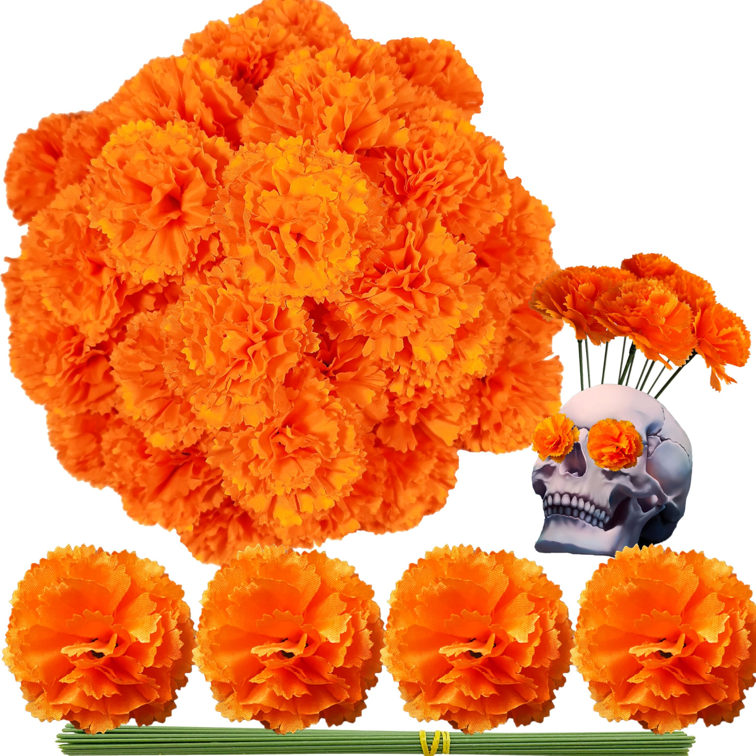 Gusaloo Marigold Flower Heads 50Pcs, Mexican Marigold Artificial Flowers for Day of The Dead Diwali Home DIY Garland Craft Wedding Mexican Party Decoration Halloween Dia De Los Muertos Decor(Orange)