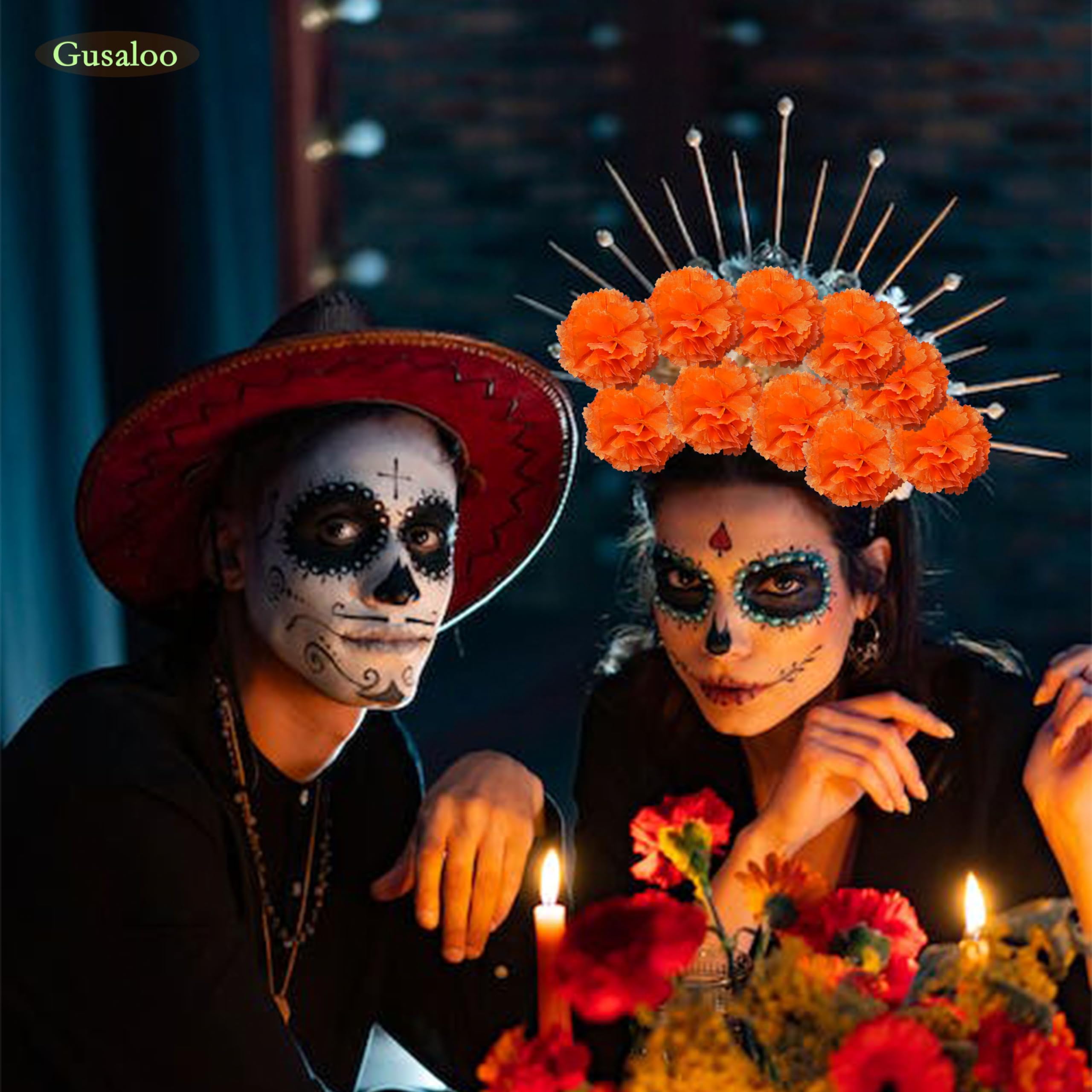 Gusaloo Marigold Flower Heads 50Pcs, Mexican Marigold Artificial Flowers for Day of The Dead Diwali Home DIY Garland Craft Wedding Mexican Party Decoration Halloween Dia De Los Muertos Decor(Orange)