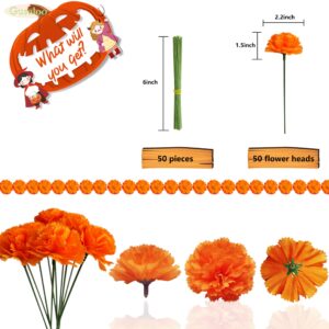 Gusaloo Marigold Flower Heads 50Pcs, Mexican Marigold Artificial Flowers for Day of The Dead Diwali Home DIY Garland Craft Wedding Mexican Party Decoration Halloween Dia De Los Muertos Decor(Orange)