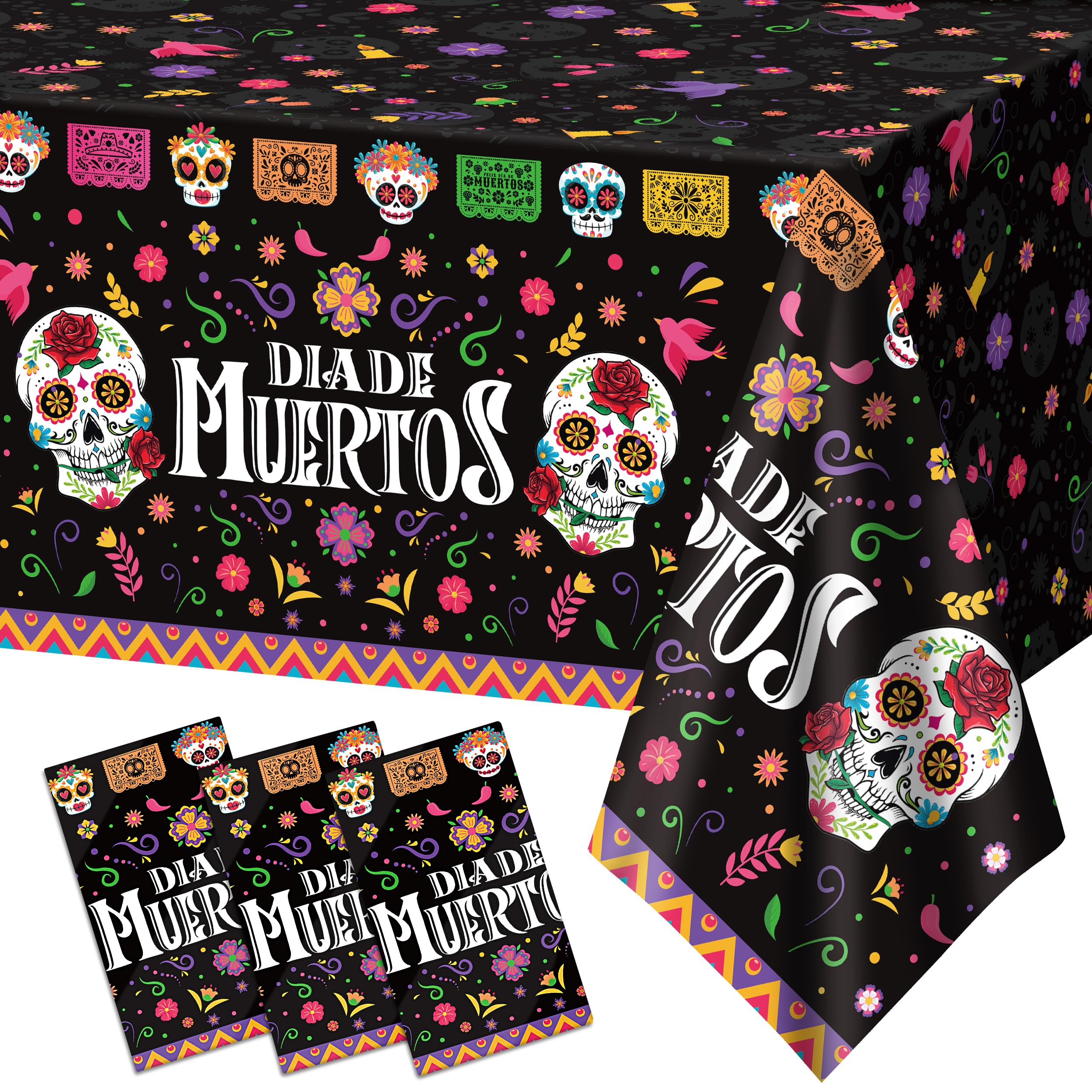 Erweicet Day of The Dead Tablecloth 3pcs Dia de Muertos Tablecloth Mexican Day of The Dead Decorations Sugar Skull Decor Dia De Los Muertos Party Table Decorations