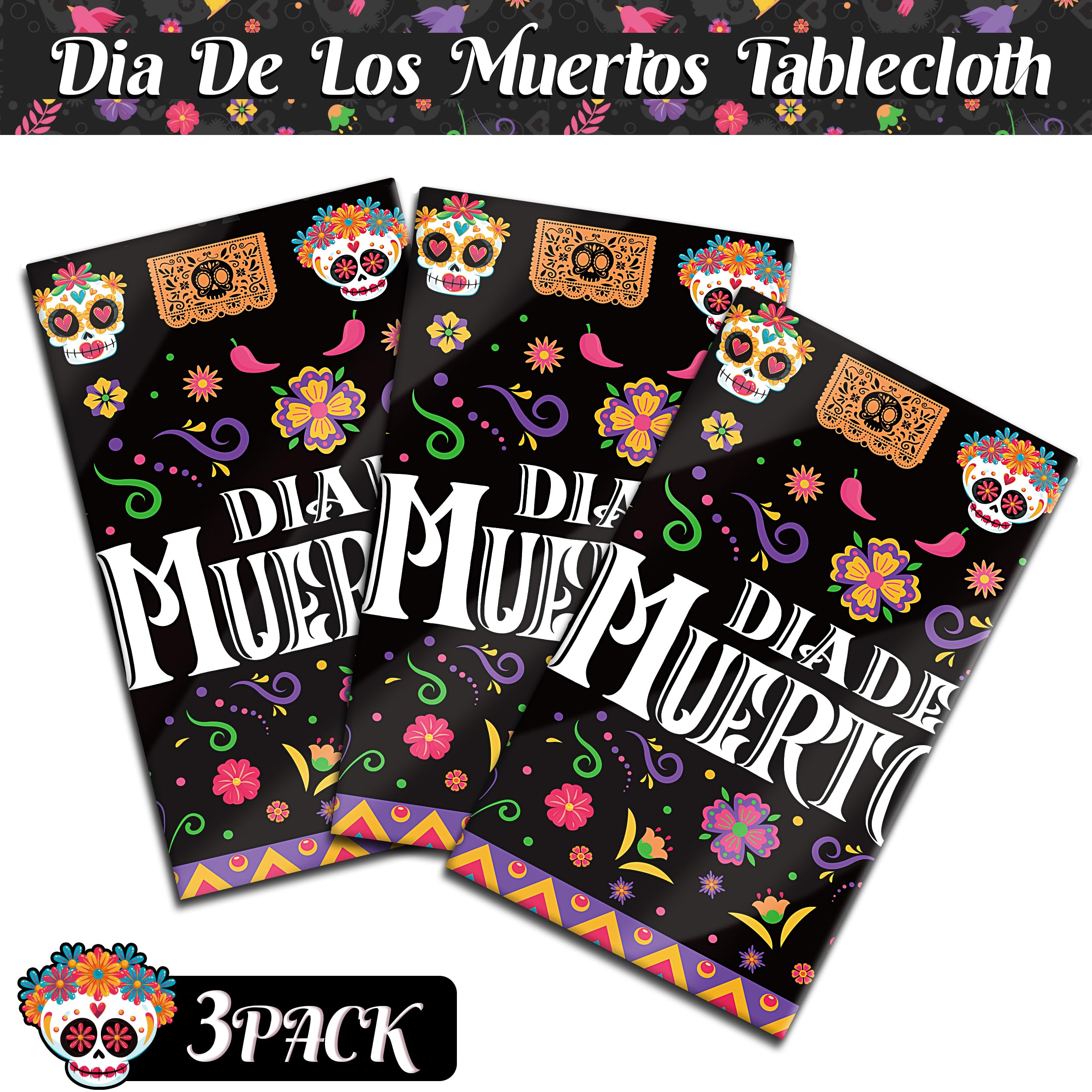 Erweicet Day of The Dead Tablecloth 3pcs Dia de Muertos Tablecloth Mexican Day of The Dead Decorations Sugar Skull Decor Dia De Los Muertos Party Table Decorations