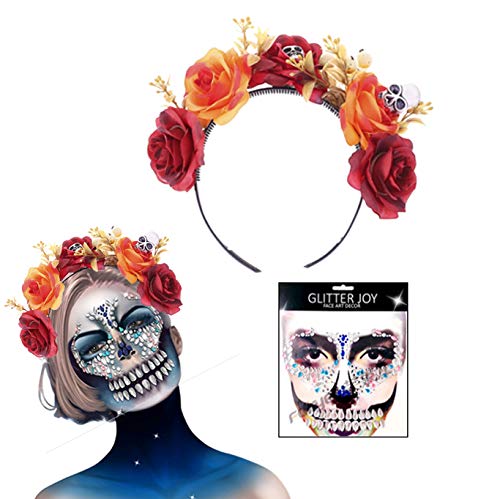 Halloween Headbands Day of The Dead Headband Floral Crown Headband Halloween Face Jewels Tattoo Stickers for Halloween Party Supplies