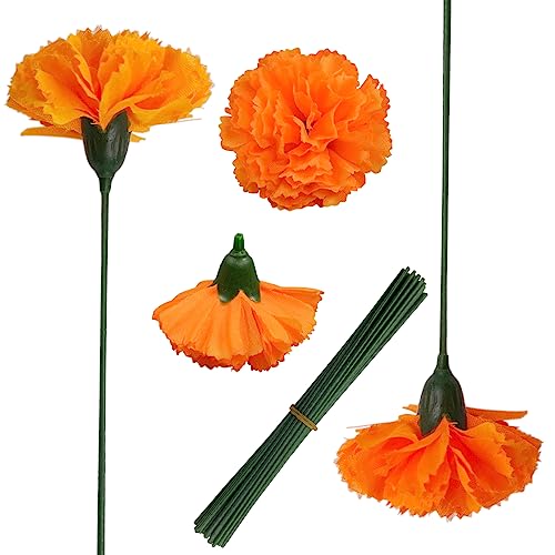 Zilphoba 50Pcs Artificial Marigold Flowers, 2‘’ Silk Heads with Stems for Diwali, Indian Festival, Day of The Dead Dia de Los Muertos, Mexican Party, Halloween, Altar DIY Decor