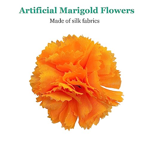 Zilphoba 50Pcs Artificial Marigold Flowers, 2‘’ Silk Heads with Stems for Diwali, Indian Festival, Day of The Dead Dia de Los Muertos, Mexican Party, Halloween, Altar DIY Decor