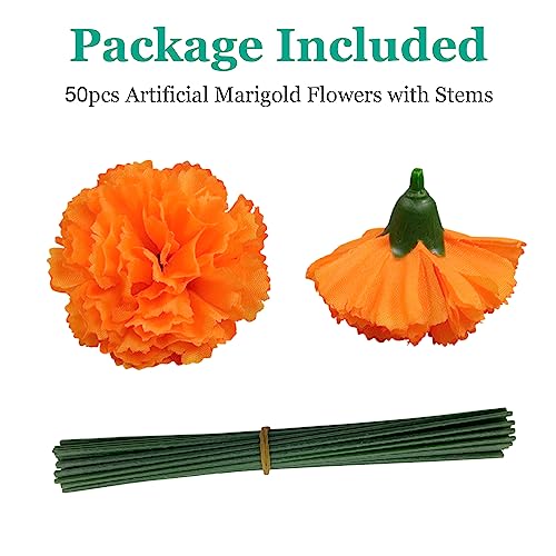 Zilphoba 50Pcs Artificial Marigold Flowers, 2‘’ Silk Heads with Stems for Diwali, Indian Festival, Day of The Dead Dia de Los Muertos, Mexican Party, Halloween, Altar DIY Decor